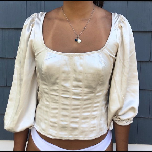 FREE PEOPLE SATIN PUFF SLEEVE BLOUSE - Picture 2 of 7
